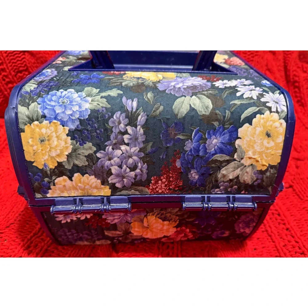 Vintage Sassaby Makeup Organizer Box Floral Navy Blue 90s Vanity Case Mirror